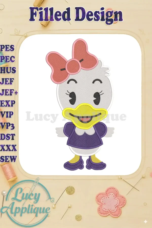 Embroidery design of Baby Daisy Duck, filled stitch, wearing a purple dress and pink bow. Perfect for applique projects. Downloadable pattern.