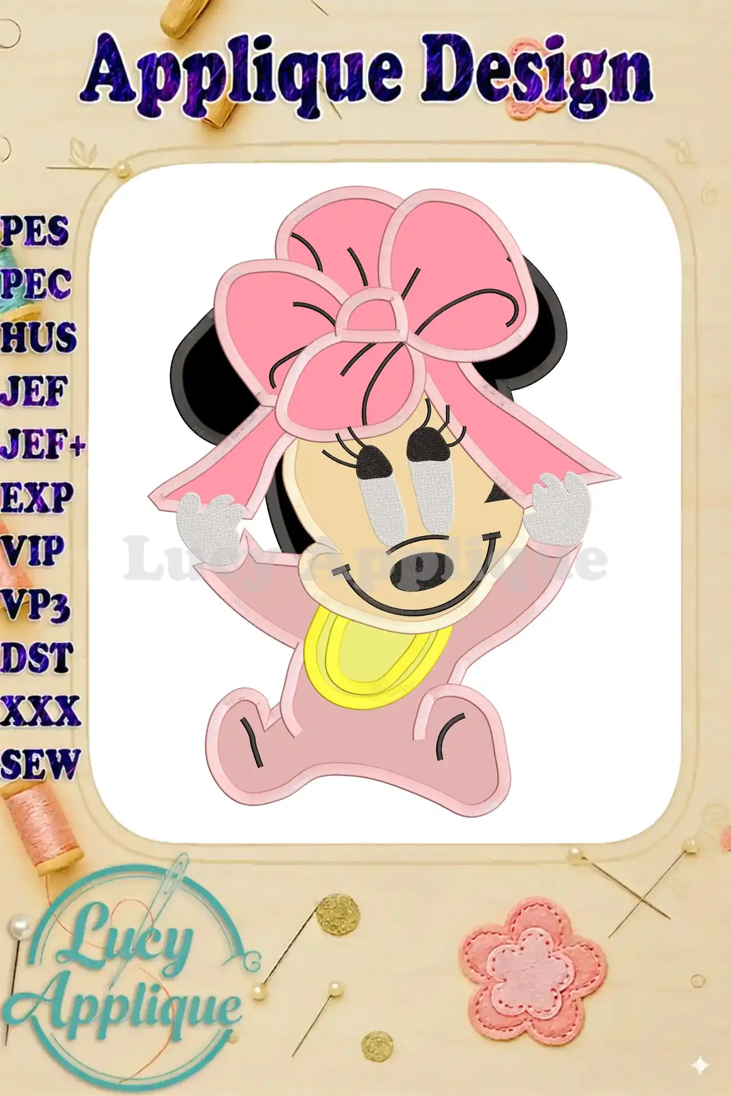 Baby Minnie Mouse applique embroidery design, showcasing a cute cartoon image of Minnie as a baby, wearing a pink bow. Various embroidery file formats are listed.