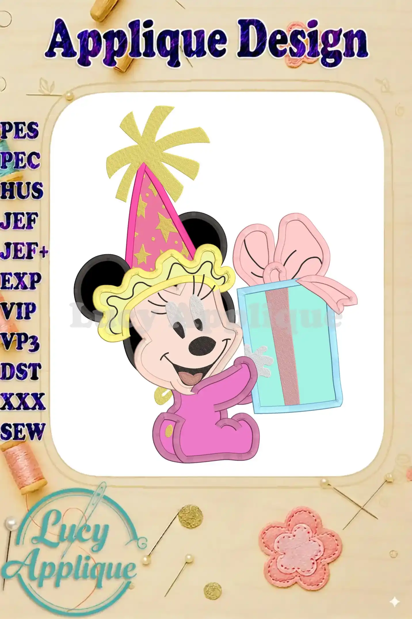 Baby Minnie Mouse wearing a party hat, holding a gift, in an applique design. This is a colorful and charming embroidery design.