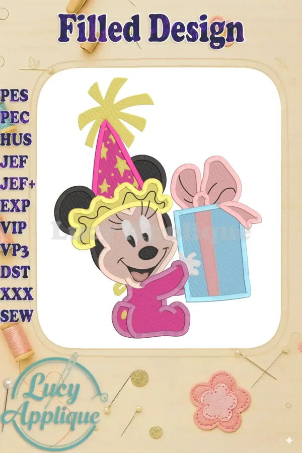 Baby Minnie Mouse, wearing a party hat, holds a birthday gift. This filled embroidery design is shown in multiple file formats, ready to stitch. High-quality, detailed image.