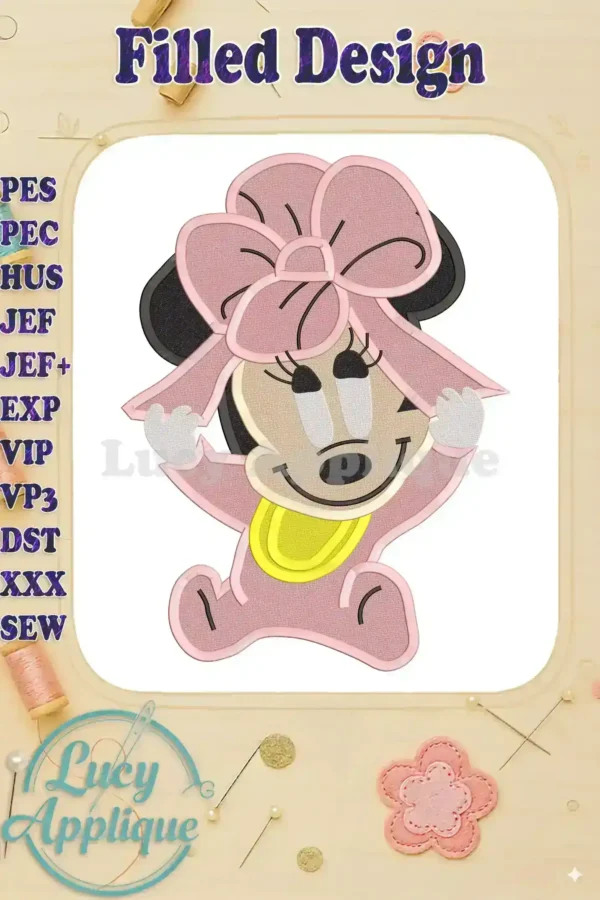 Baby Minnie Mouse in a pink outfit with a large pink bow, a filled embroidery design, ready to be stitched. Various machine formats are listed.