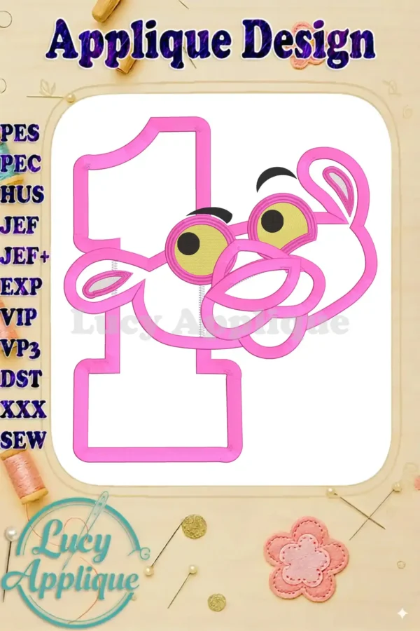 A charming applique embroidery design of the Pink Panther forming the number 1, perfect for a 1st birthday celebration. The design is in shades of pink and is shown on a white background.