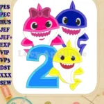 Baby Shark Birthday Number 2 Applique Embroidery Design - Instant Download