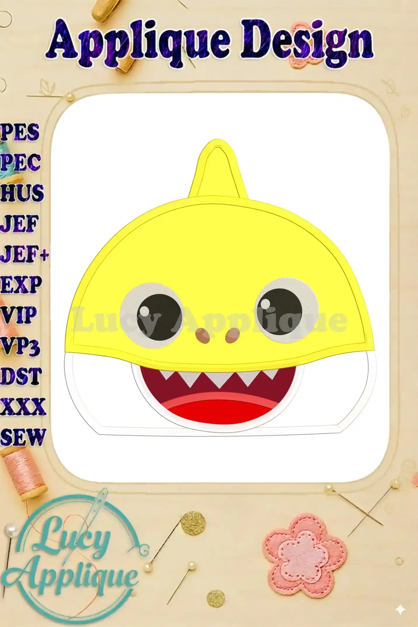 Baby Shark applique embroidery design, showcasing a yellow shark head with simple features. The design is presented on a white background with a design worksheet border. Various embroidery formats are listed.