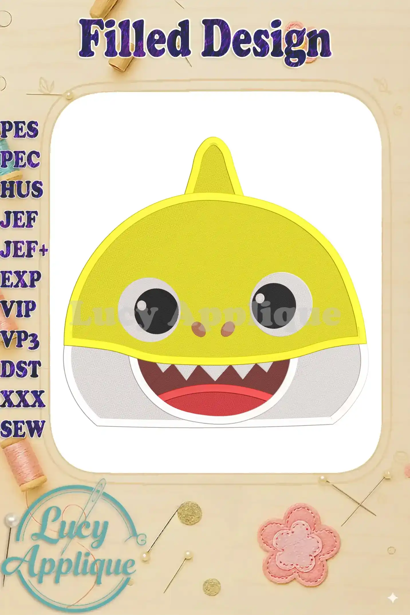 Baby Shark Head Fill Machine Embroidery Design. A charming yellow Baby Shark head, ready to be stitched. Perfect for adding a playful touch to your projects!