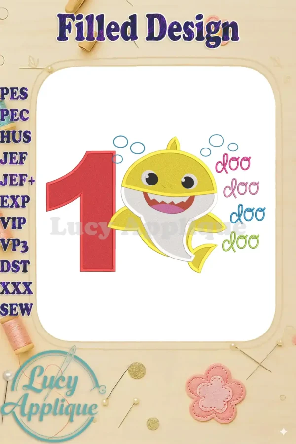 Baby Shark's 1st Birthday Embroidery Design. This filled design features Baby Shark, the number 1, and the iconic "doo doo doo" lyrics. Perfect for adding a personalized touch to any birthday project.