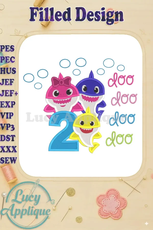 Baby Shark 2nd birthday embroidery design featuring Pinkfong's Baby Shark characters. Filled machine embroidery design with the number 2 and "doo doo doo doo" text. Perfect for apparel or gifts.