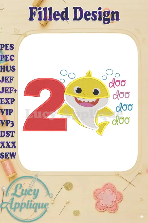 Baby Shark 2nd birthday embroidery design, filled with vibrant colors. Features the Baby Shark character, number 2, and 'doo doo doo' text.