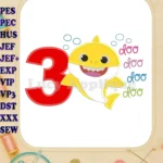 Baby Shark doo doo doo doo Birthday Number 3 Applique Embroidery Design - Instant Download