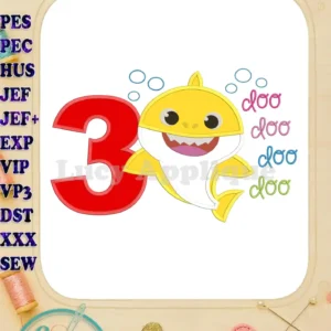 Baby Shark applique design for a 3rd birthday, featuring a yellow shark and the number 3, perfect for sewing projects.