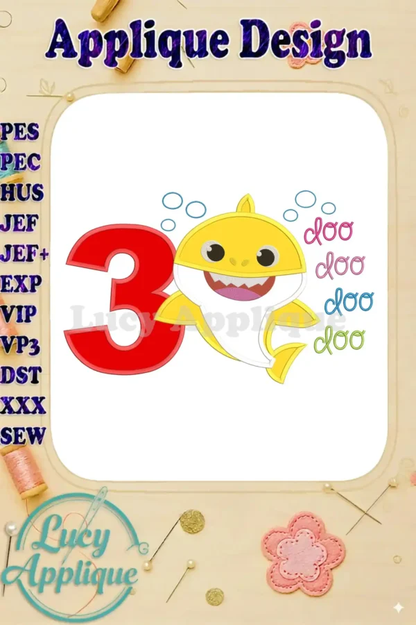 Baby Shark applique design for a 3rd birthday, featuring a yellow shark and the number 3, perfect for sewing projects.