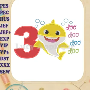 Baby Shark's 3rd birthday embroidery design. Features a filled design of Baby Shark with the number 3, perfect for adding a personalized touch to gifts or clothing.
