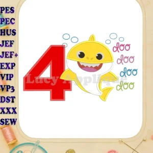 Baby Shark doo doo doo doo Birthday Number 4 Applique Embroidery Design. This image showcases a vibrant applique design featuring Baby Shark and the number 4, perfect for a child's 4th birthday celebration. The design incorporates various stitch types for a detailed finish.