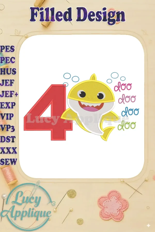 A cute Baby Shark-themed birthday design for 4-year-olds. The design includes Baby Shark and the number 4 in colorful, filled embroidery.