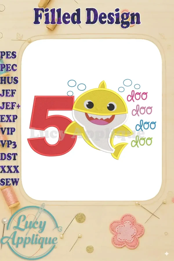 A cute Baby Shark-themed 5th birthday embroidery design. The design features Baby Shark with the number 5, perfect for adding a fun, personalized touch to any project. The design is filled and ready to stitch.