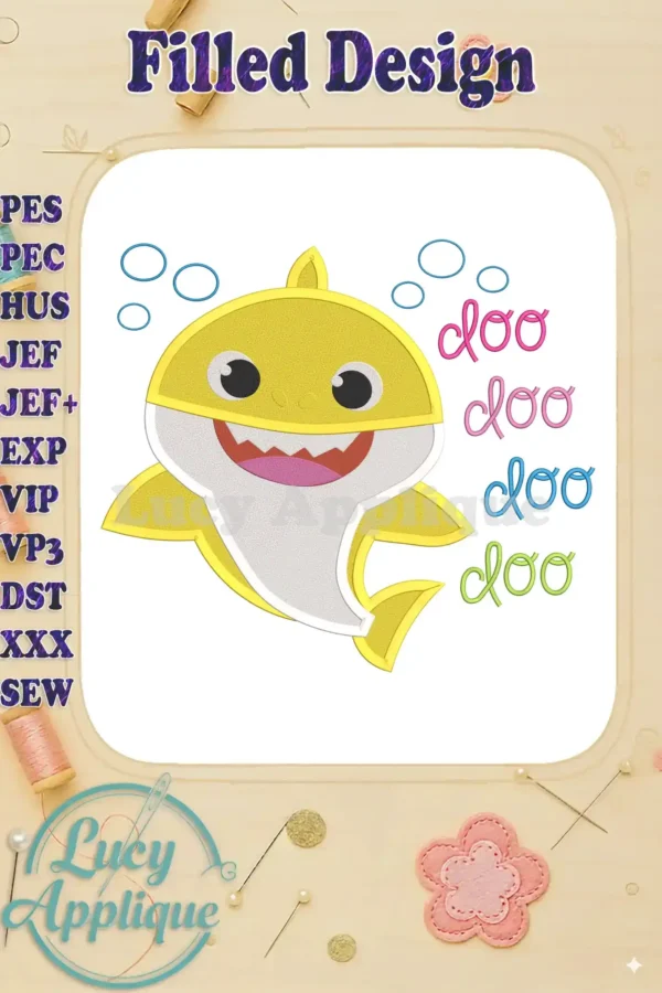 Adorable Baby Shark machine embroidery design, filled, featuring yellow shark with "doo doo doo doo" text. Perfect for kids' apparel!