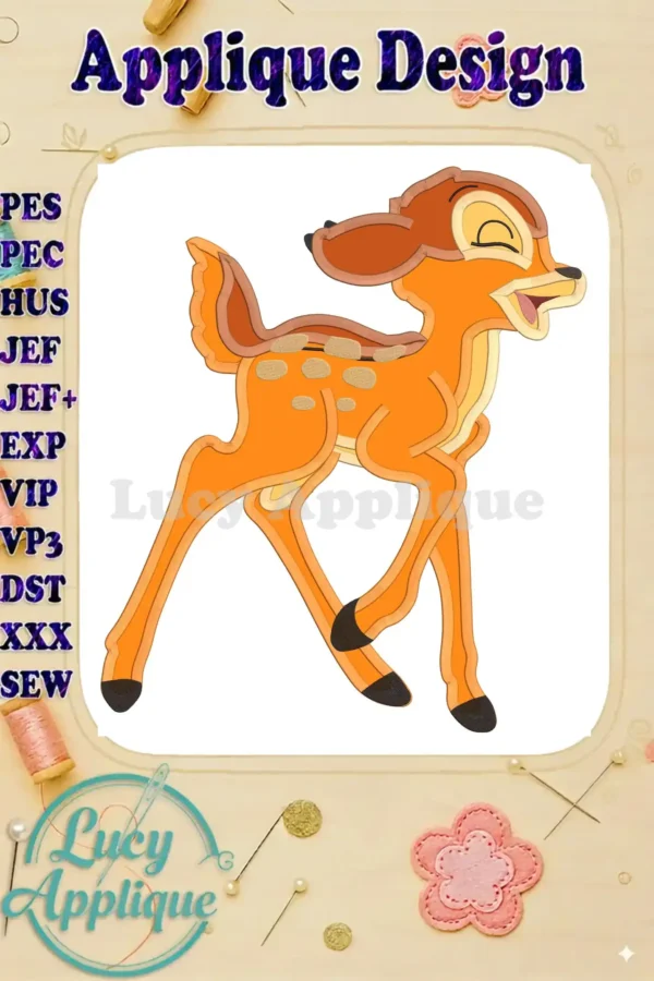 Embroidery design of Bambi, the sweet deer from Disney, ready to be stitched. Applique style with multiple color options for a detailed look.