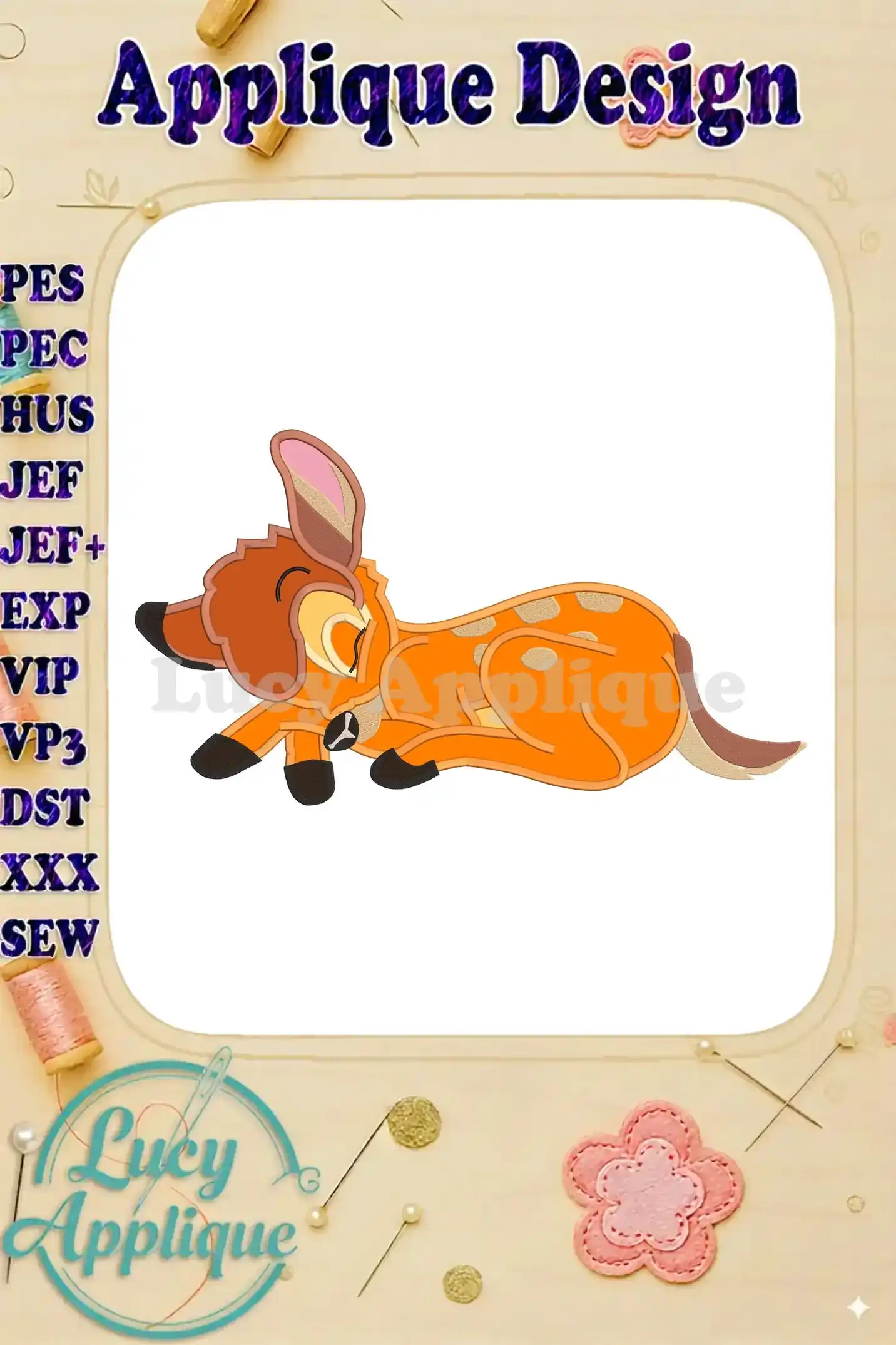 Embroidery design of Bambi lying down, showcasing an applique technique. The design is presented on a white background within a decorative frame, with various file formats listed.