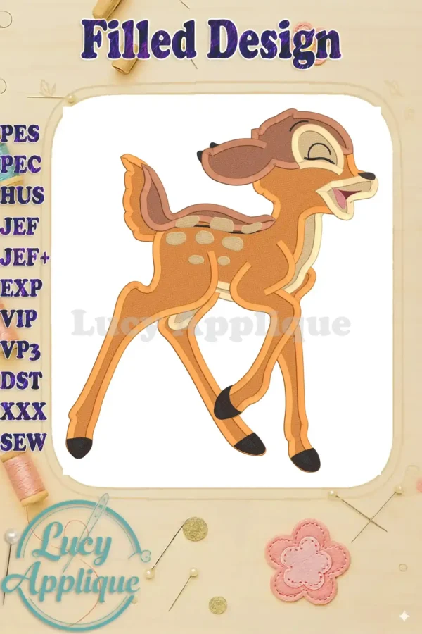 Embroidery design of Bambi, a joyful deer, in a filled stitch style. The design is set against a beige background with decorative elements.