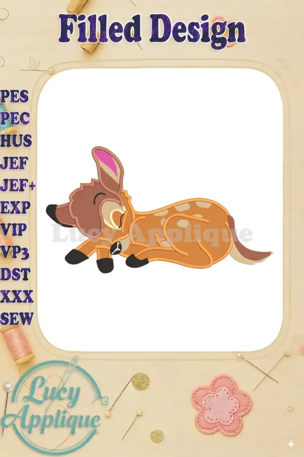 Embroidery design of Bambi lying down, showcasing filled stitches in brown, pink, and white. Multiple file formats are listed for various embroidery machines.
