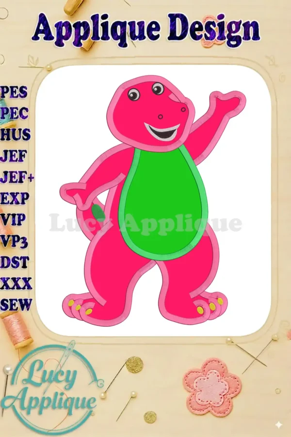 Main image showcasing Barney Dinosaur Applique embroidery design. It's a vibrant pink Barney with a green bib, ready to be stitched onto various fabrics.
