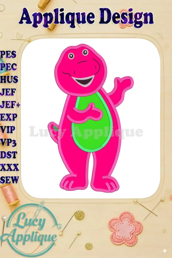 Embroidery design of Barney the Dinosaur, showcasing a vibrant pink and green applique. The design includes various stitch types for a detailed look. Perfect for kids' projects!