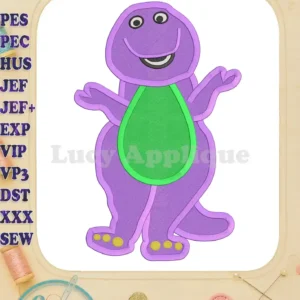 Embroidery design of Barney the Dinosaur, purple with green bib, in a filled stitch style. Design is shown on a white background with decorative elements.