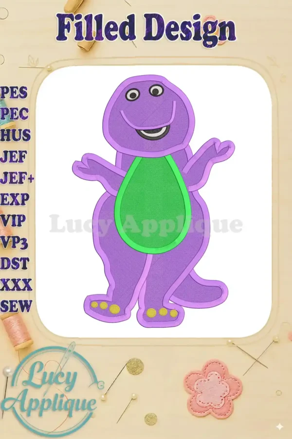 Embroidery design of Barney the Dinosaur, purple with green bib, in a filled stitch style. Design is shown on a white background with decorative elements.