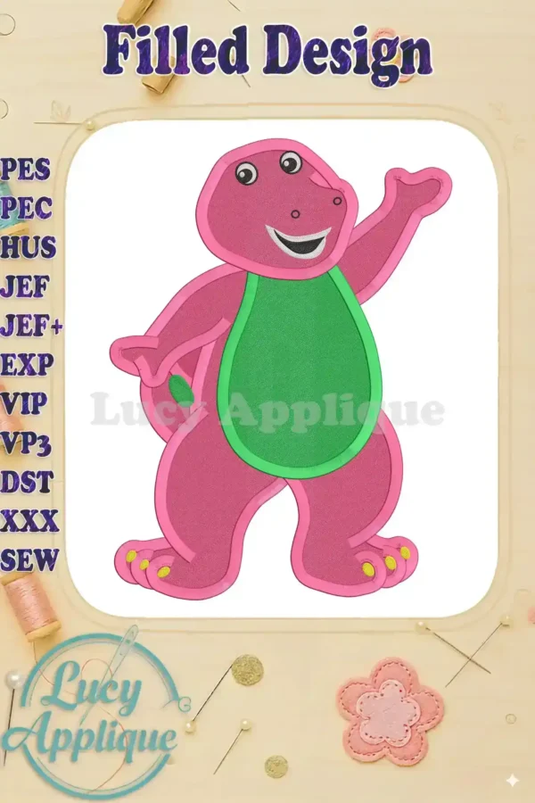 Embroidery design of Barney Dinosaur, a filled design with pink body, green bib, and yellow feet. Various file formats are listed.