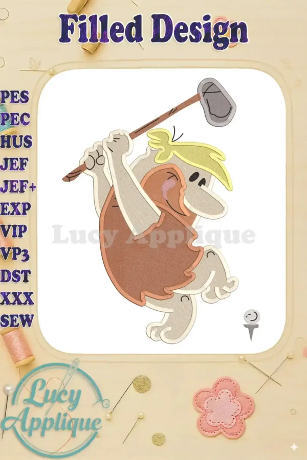Embroidery design of Barney Rubble from The Flintstones playing golf. Filled stitch design, shown on a white background. Perfect for adding to clothing or home decor.