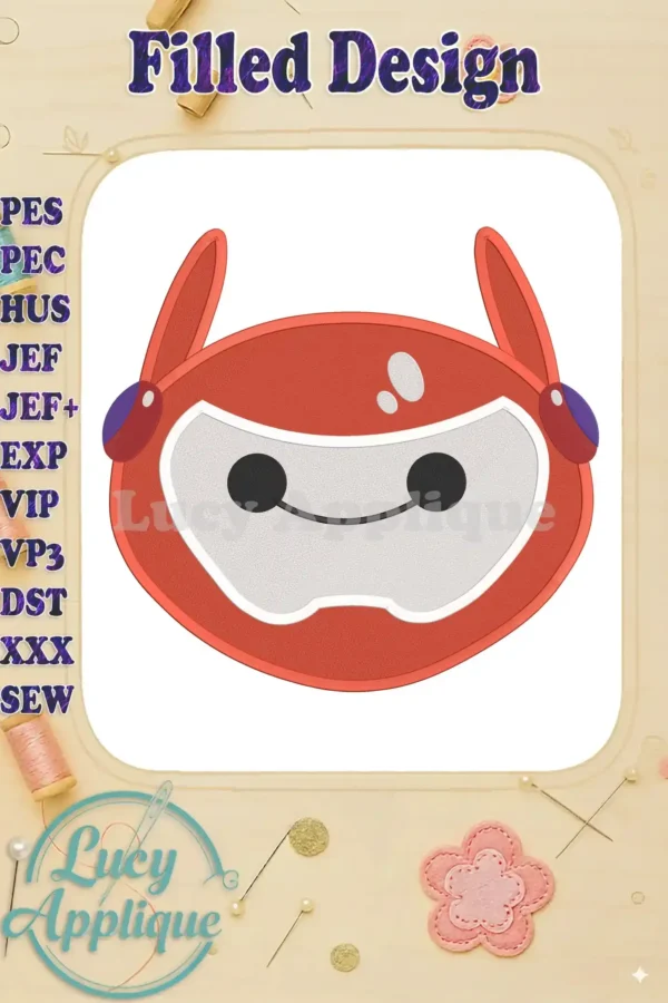 Embroidery design of Baymax from Big Hero 6, styled as an emoji with a filled stitch design. The image is set against a light wood background.