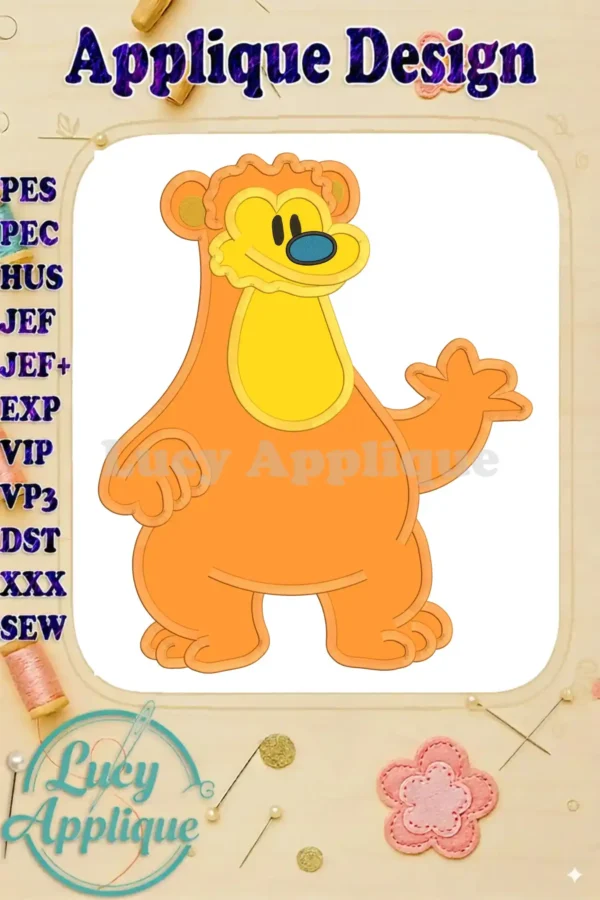 Applique design of Bear in the Big Blue House, shown in orange with a blue nose. Includes various machine embroidery file formats.