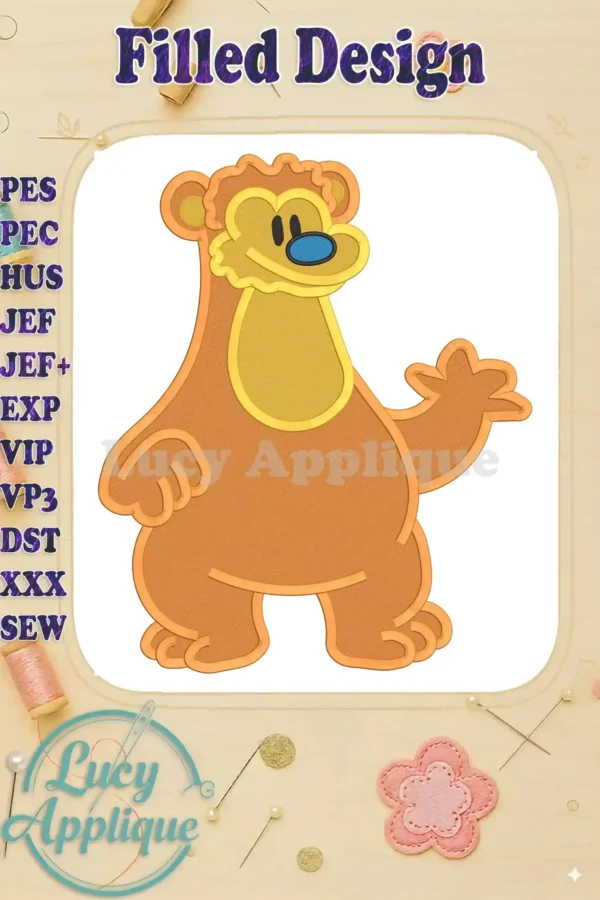 Embroidery design of Bear from Bear in the Big Blue House. It's a filled design with orange and yellow tones, and the bear is waving. Perfect for applique projects!