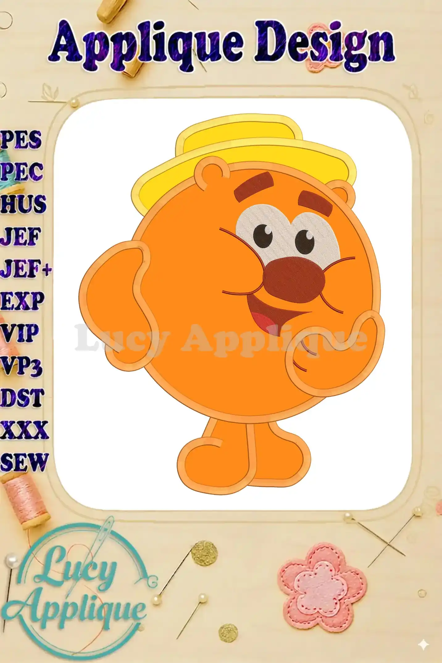 Applique design of Bear from the Big Blue House, wearing a yellow hat. The design is cheerful and colorful, perfect for embroidery projects.