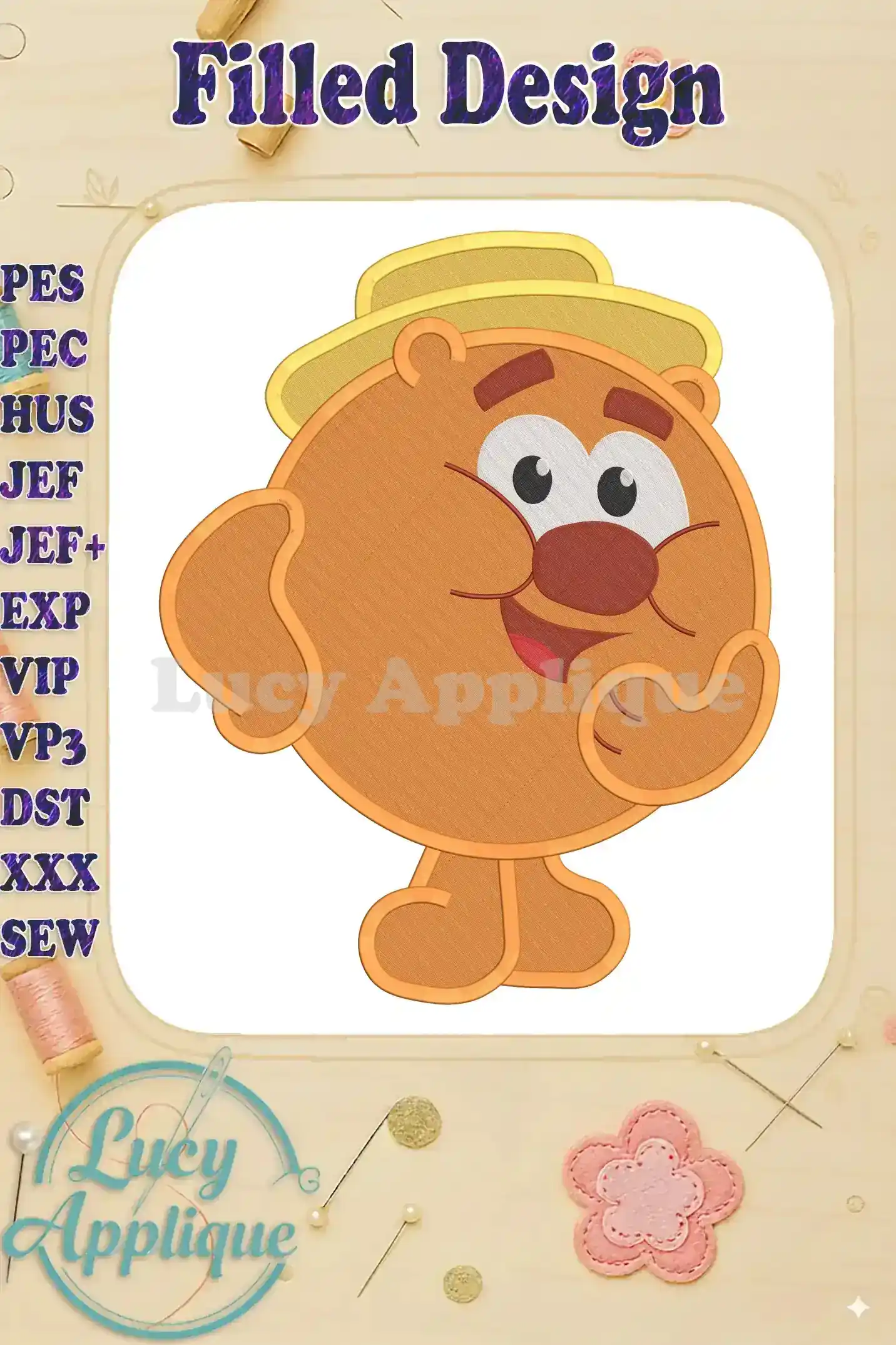 Embroidery design of Bear in the Big Blue House, a cheerful cartoon bear wearing a hat. The design is filled and suitable for various embroidery machines.