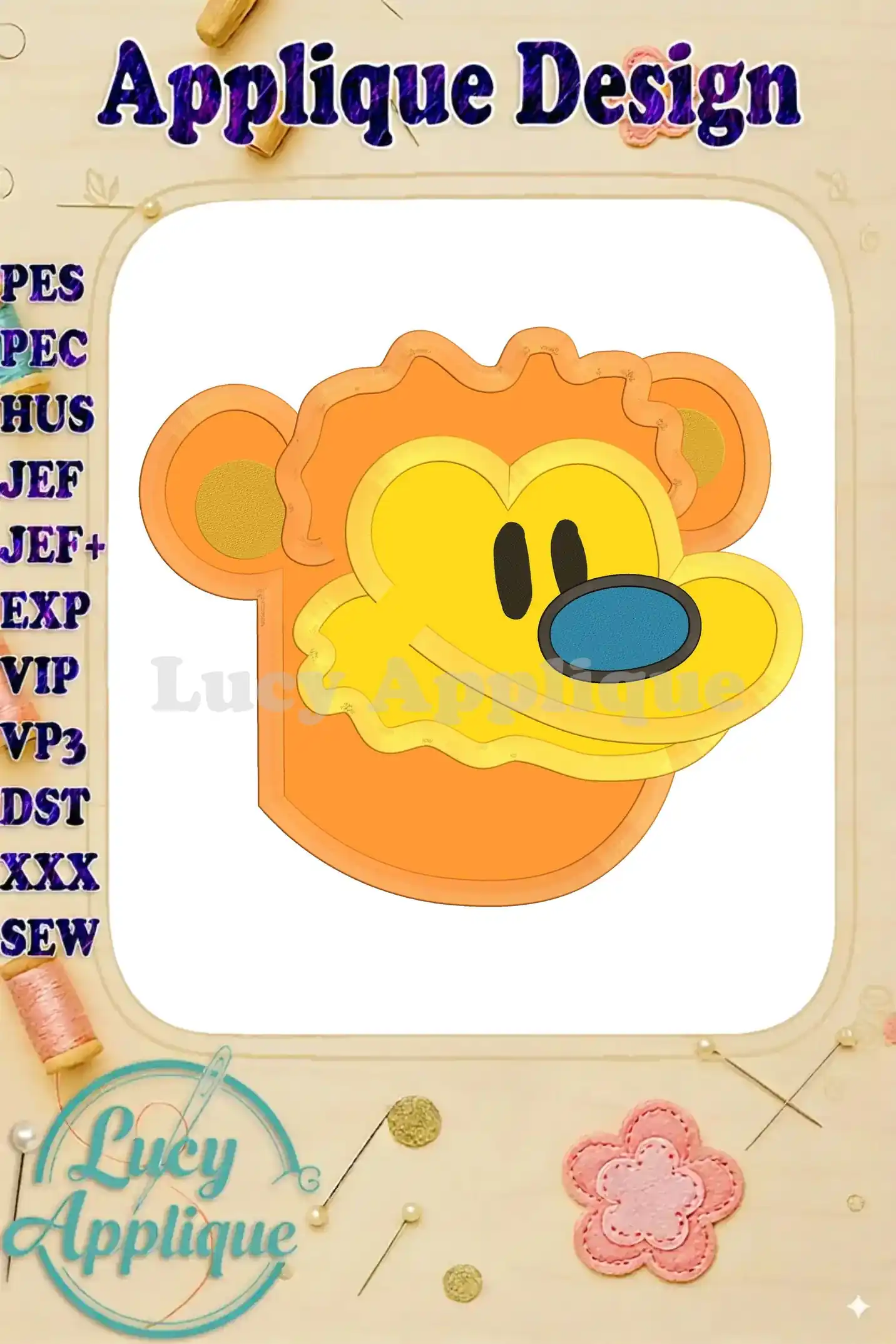 Embroidery design of Bear from Bear in the Big Blue House. The applique design is in orange and blue, ready to be stitched onto various fabrics.