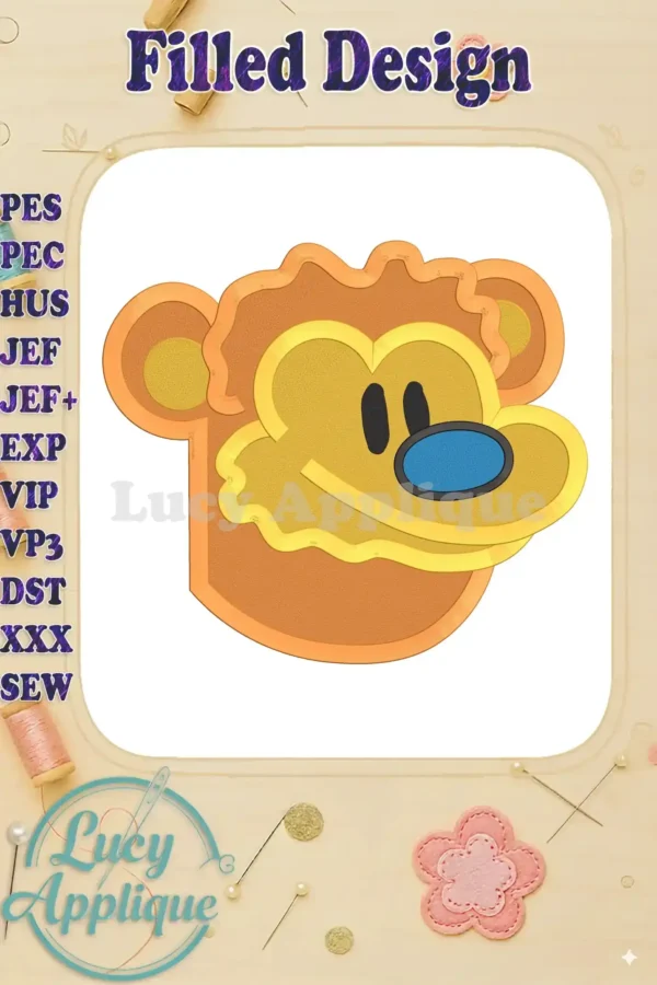 Embroidery design of Bear in the Big Blue House's head, in orange and yellow, with a light blue nose. It's a filled design, suitable for various projects.