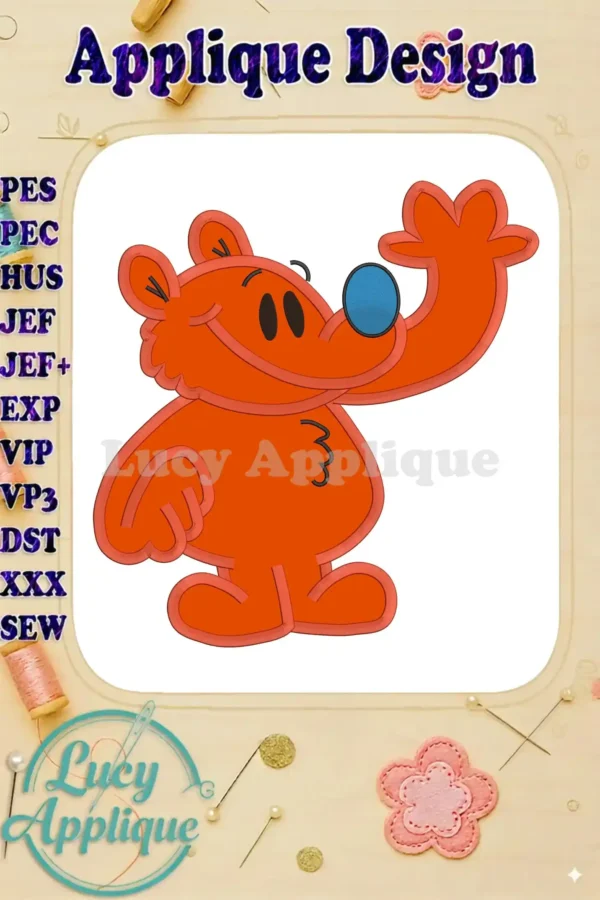 Embroidery design of Ojo from Bear in the Big Blue House, waving. The design is an orange applique, ready to be stitched. Includes various file formats.