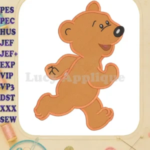 Embroidery design of Ojo from Bear in the Big Blue House, running. The design is filled and features warm orange tones, perfect for adding to clothing or home decor.