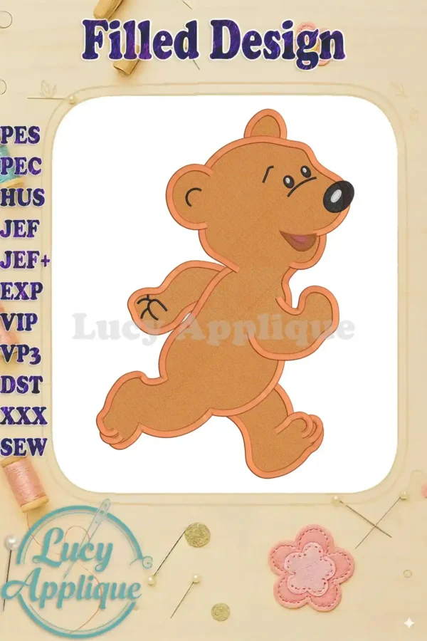 Embroidery design of Ojo from Bear in the Big Blue House, running. The design is filled and features warm orange tones, perfect for adding to clothing or home decor.