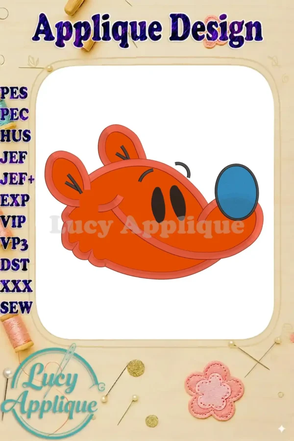 Embroidery design of Ojo from Bear in the Big Blue House. Applique design shown in orange and blue, ready to stitch. Includes various machine formats.