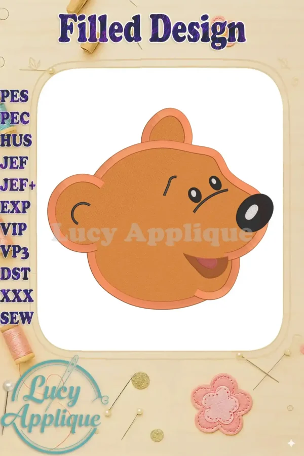 Embroidery design of Ojo's head from Bear in the Big Blue House. The design is filled, showcasing vibrant colors and detailed features. Perfect for adding a touch of nostalgia to your projects.