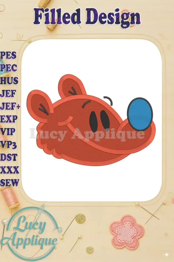 Embroidery design of Ojo from Bear in the Big Blue House. The design showcases Ojo's head with his signature blue nose, in a filled stitch style, perfect for creating cute appliqués or patches.