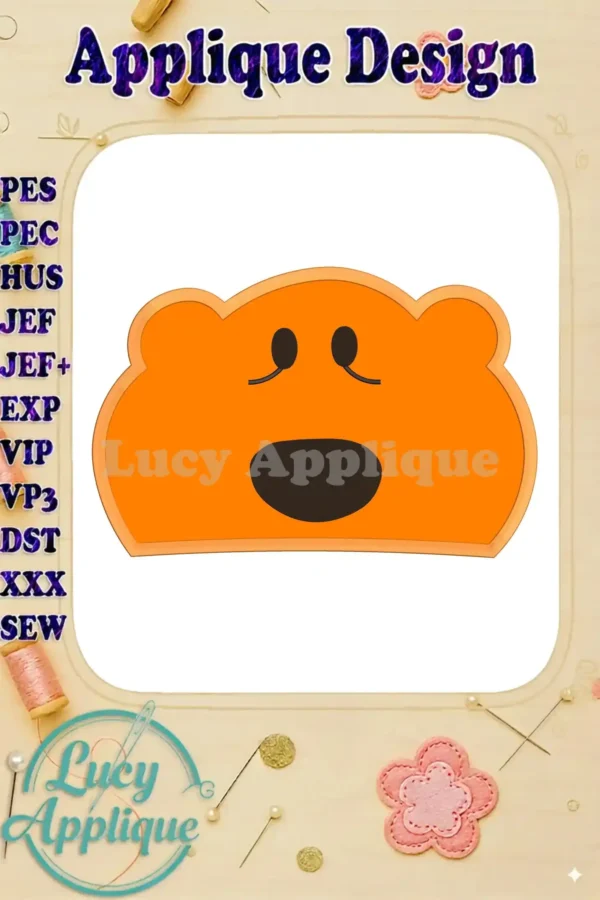 Orange bear applique design, simple, cute, and perfect for beginner embroiderers. Includes various file formats for different machines.