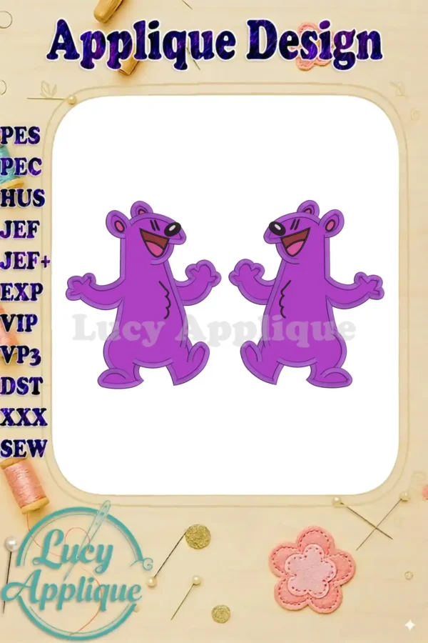 Embroidery design of two purple bears, Pip and Pop, from Bear in the Big Blue House, ready to be stitched. Applique design shown.