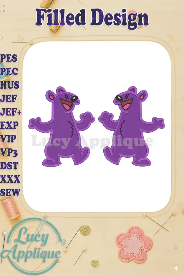 Embroidery design of two purple Pip and Pop bears from Bear in the Big Blue House, ready to be stitched. The design is in a filled format.