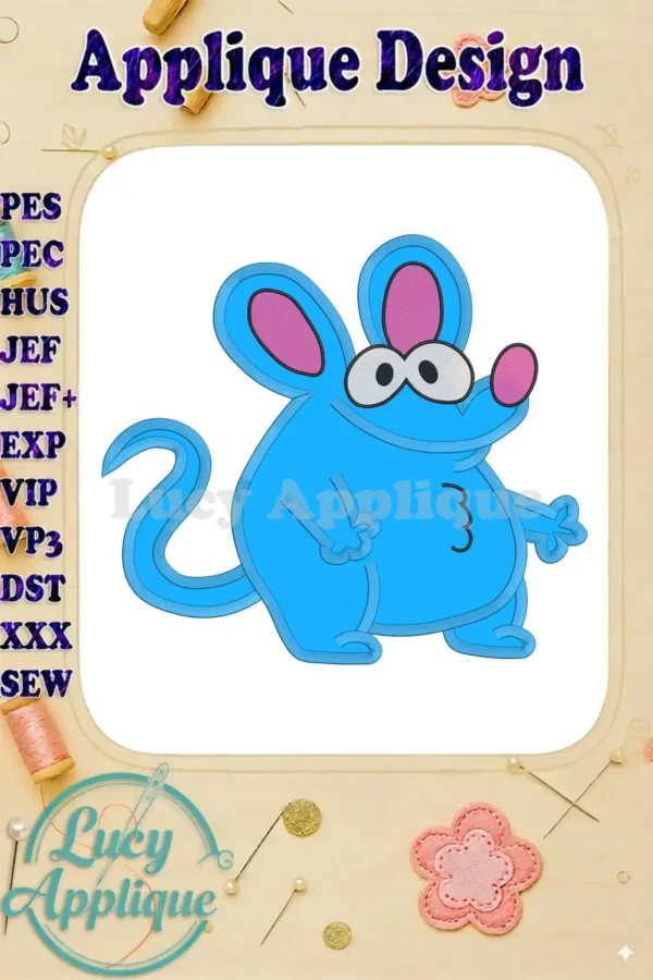Applique design of Tutter from Bear in the Big Blue House. The design shows a cute blue mouse with pink ears and a number 3. Perfect for embroidery projects.