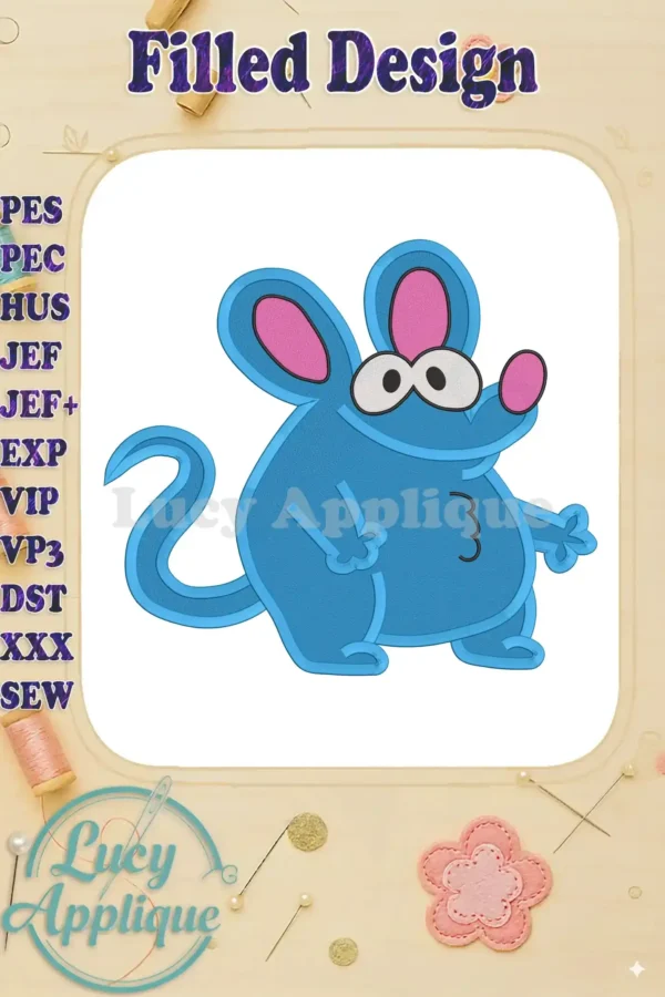 Embroidery design of Tutter the mouse from Bear in the Big Blue House, shown in a filled stitch style, ready to be stitched onto fabric.