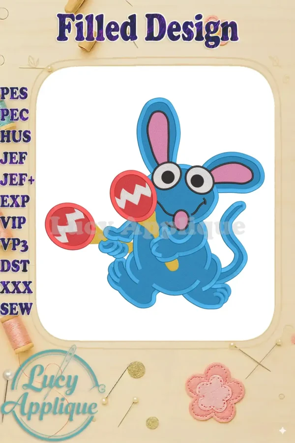 Embroidery design of Tutter from Bear in the Big Blue House, holding maracas, in blue. A filled design with vibrant colors, ready to stitch.