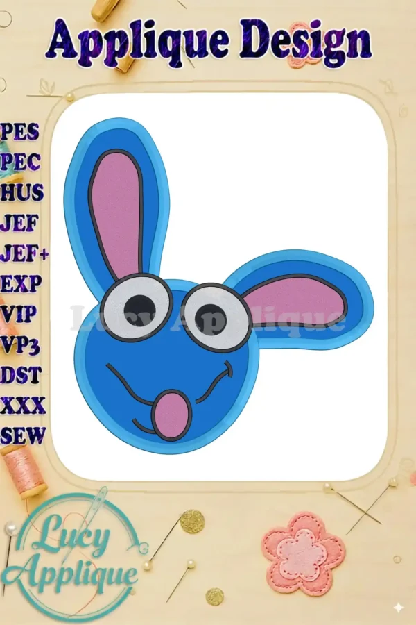 Embroidery design of Tutter from Bear in the Big Blue House. A charming blue bunny rabbit applique, perfect for sewing projects. Includes pink ears and a whimsical face.